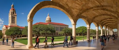 UT Austin architecture building, grandiose, modern design, stone walls, large windows, green roofs, columned entrance, arches, Texas flag flying high, sunny day, blue sky with few clouds, students wal