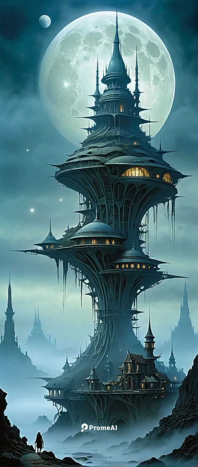 Mistyc alien planet with futurisrtic building. Fog, cold atmosphere, visible moons,futuristic landscape,arcology,deltha,ancient city,fantasy picture,asian architecture,homeworlds,fantasy city,alien pl