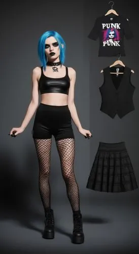 Paper doll 2d cartoon punk blue haired girl in black sleeveless shirt , black spandex shorts, complete full length fishnet and black punk knee Boots, standing surrounded by with a set of punk fashion 