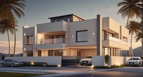 a house with an automobile in front of it, in the style of solarizing master, dark gray and light beige, atmospheric ambience, tenwave,fresnaye,residencial,modern house,baladiyat,damac,saadiyat,3d ren