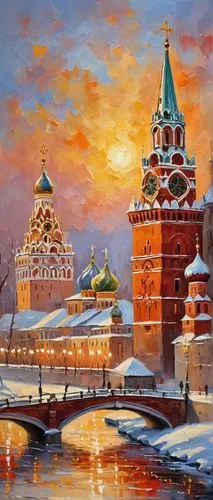 Russian architecture style, grandeur onion domes, colorful intricate patterns, ornate golden details, majestic Orthodox Church, snowy winter scene, frosty misty morning, Saint Basil's Cathedral inspir