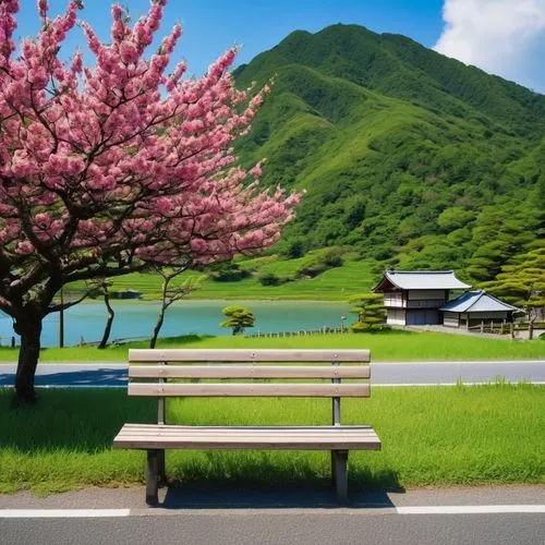 japan landscape,beautiful japan,spring in japan,japanese cherry trees,picnic table,bench,wooden bench,park bench,sakura trees,japanese alps,hokkaido,japanese mountains,cherry trees,shizuoka prefecture,benches,red bench,japan garden,japanese sakura background,japan,shimane peninsula,Photography,General,Realistic