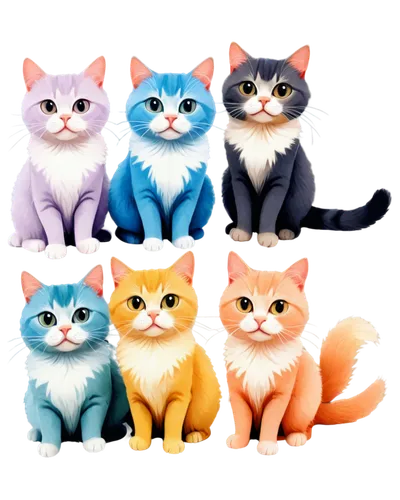 8 cats, cartoon style, various breeds, colorful fur, big eyes, whiskers, sitting, standing, sleeping, playing, cute expressions, soft lighting, pastel color tone, 3/4 composition, transparent backgrou