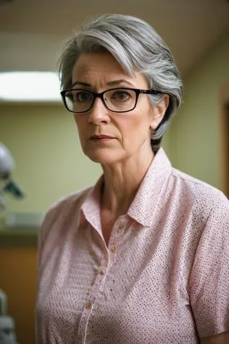 Breast cancer patient, mature lady, worried expression, detailed facial features, glasses, short grey hair, casual wear, blouse, slacks, standing, hospital interior, medical equipment, beeping sounds,