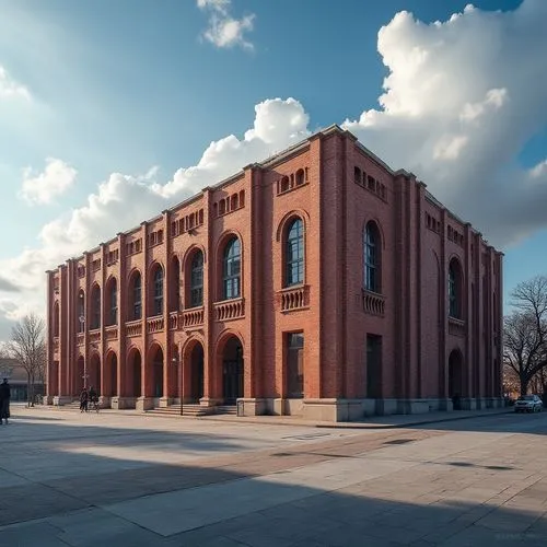 Stadium architecture, exterior wall, brick material, red-brown color, rough texture, vertical structure, arches, columns, grand entrance, modern design, urban landscape, cityscape, blue sky, fluffy wh