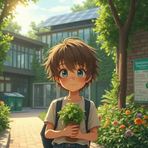 Middle school student, curious expression, messy brown hair, bright blue eyes, casual uniform, holding a green plant, standing near a modern sustainable building, solar panels on the roof, lush green 