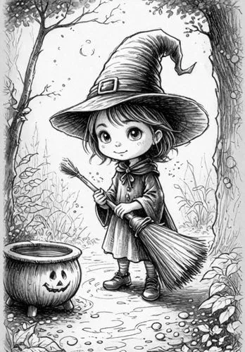 : Design Sketch-Rough Outline ,a little girl dressed as the wizard with a broom near a pumpkin,schierke,schierholtz,schierstein,halloween witch,witch,mabon,Design Sketch,Design Sketch,Detailed Outline