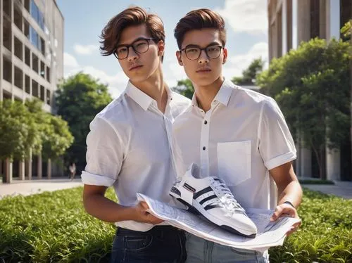 Young adult, male, university student, architecture major, wearing black-framed glasses, messy brown hair, casual white shirt, dark blue jeans, Adidas sneakers, holding a rolled-up blueprint, standing