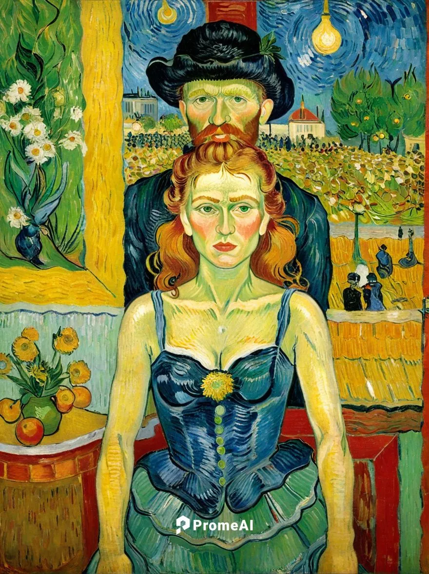 Entertainers in a Parisian nightclub.. Let the motif appear as a French impressionist painting as if it had been painted by Vincent van Gogh.,a painting of a woman with a man,vincent van gough,vincent