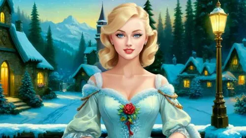 Romantic masterpiece oil painting, cute girl portrait, nostalgic 1950's style kitsch, breathtaking beautiful winter kingdom landscape, majestic fantasy scenery, evening lighting, highly detailed highr