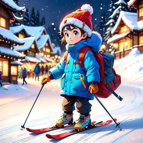 japanese style, manga, realistic,colors,winter,skiing,a child that is on skis in the snow,christmas skiing,skiwear,skiing,skiied,snowboarder,skier,Anime,Anime,Cartoon