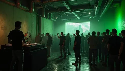 spectrogram,factory hall,mutek,titanum,laibach,atmosfera,graecorum,dance club,human chain,audience,lab,matrix,chorus,warehouse,crowd,crowd of people,nightclub,greenroom,video scene,digital cinema,Photography,General,Realistic