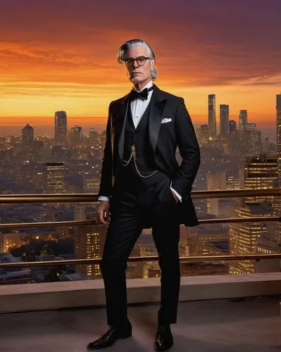 Orville Peck, mature gentleman, bespectacled, grey hair combed back, elegant black tuxedo, white shirt, black bow tie, pocket watch chain, standing confidently, architectural digest magazine cover, mo