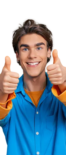 YouTuber, male, young adult, energetic, enthusiastic, funny expression, messy brown hair, thick eyebrows, bright blue shirt, white background, gesturing hands, thumbs up, smiling, close-up shot, shall