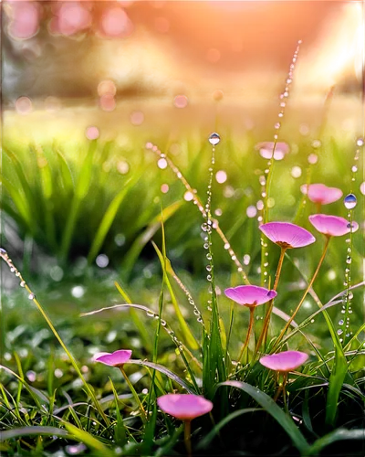 morning scene, warm light, soft glow, golden hour, gentle mist, dew drops on grass, vibrant flowers, delicate petals, subtle colors, serene atmosphere, peaceful composition, shallow depth of field, pa