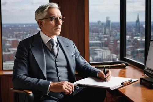 Davis, mature gentleman, bespectacled, gray hair, formal wear, suit, tie, waistcoat, leather shoes, holding a pen, standing, interior design office, modern minimalist, wooden desk, ergonomic chair, la