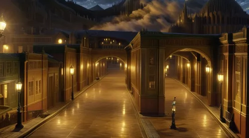 hogwarts,grindelwald,hallway,corridor,hogwarts express,riad,old linden alley,passage,narrow street,hall of the fallen,medieval street,visual effect lighting,the threshold of the house,train station passage,caravansary,alleyway,wild west hotel,night scene,theatrical scenery,the mystical path