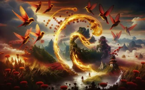 Traditional Beauty in Nature,colorful picture with birds in sky over water,fire breathing dragon,dragon fire,fire background,phoenixes,shenlong,fantasy picture,Illustration,Abstract Fantasy,Abstract F