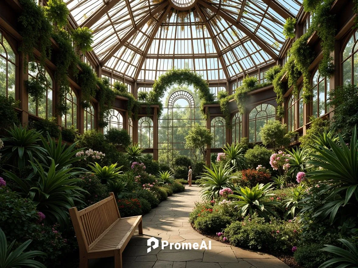 Intricate Art Nouveau greenhouse, lush greenery, exotic plants, ornate metal framework, stained glass windows, vibrant floral patterns, soft natural lighting, warm sunny day, gentle misting system, de