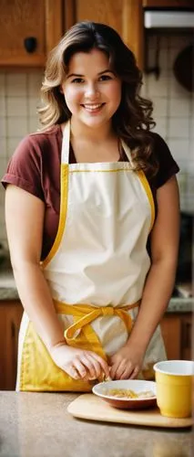 Huge belly, chubby cheeks, rosy face, messy brown hair, bright curious eyes, yellow apron, white shirt, food stains, overflowing plate, kitchen counter, warm lighting, afternoon sunbeams, cozy atmosph