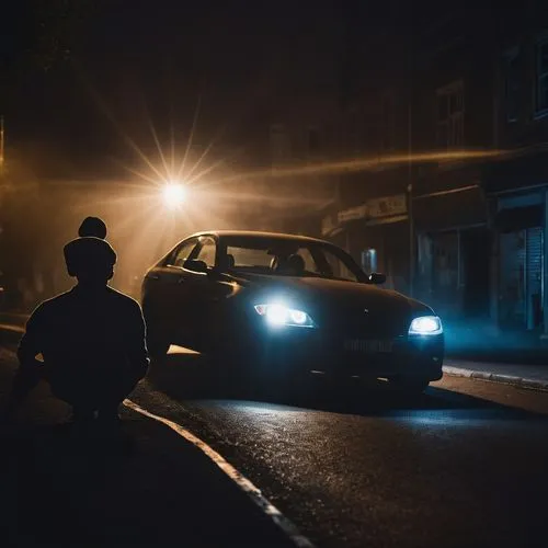 A silhouetted man alone in a dark street being blinded by the ultra-bright headlights of a silhouetted car

































,the police officer is waiting for the bus to arrive,vigilan