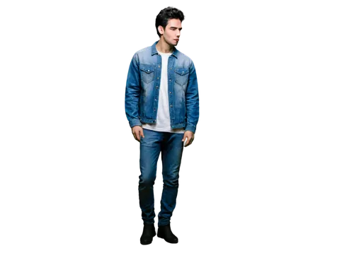 Mysterious figure, dark background, solo, brooding expression, furrowed eyebrows, sharp jawline, messy black hair, worn denim jacket, white shirt, ripped jeans, black boots, leaning against wall, hand