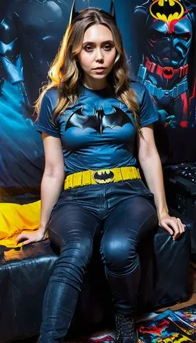 ((Elizabeth Olsen)) geek gothic sitting on the couch, ((action pose ))((( west batman t-shirt ))), thin waist, night  (((long  hair))),  In the background, a geek room, with comic books, and posters o