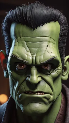 Close-up shot of a 3D caricature of Frankenstein's monster, showcasing his stitched features and menacing expression in a horrifying manner. Capture the classic horror aesthetic, detailed, realistic, 