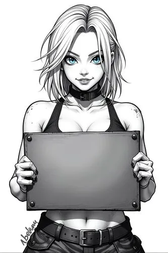 A high-contrast, black-and-white mugshot of a Caucasian female character with messy, medium-length blonde hair and striking, bold facial features, holding a blank placard in front of them at chest lev