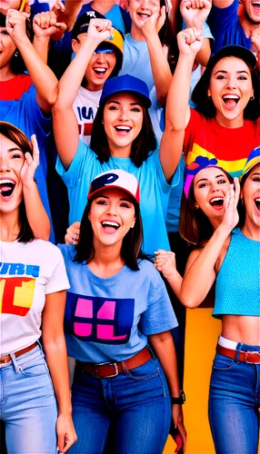 Excited crowd, diverse faces, happy expressions, arms raised, fists pumping, colorful shirts, casual wear, jeans, sneakers, baseball caps, smiling faces, open mouths, joyful atmosphere, warm lighting,