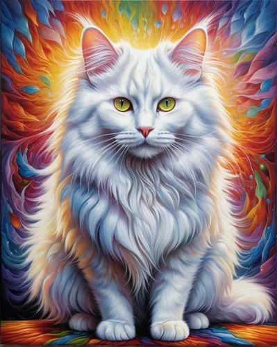 a colorful oil abstract fantasy painting of a white angora cat, in the style of marcin sobas, 32k uhd, animals and people, oil painter, intense light and shadow, ferrania p30,a white cat on a brightly