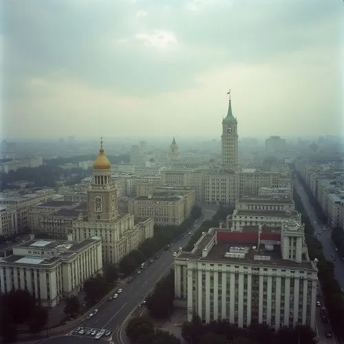 Любой город СССР в годы до его распада примерно 1975-1990,the buildings and surrounding streets are visible from a bird's eye view,ostankino,moscow 3,the palace of culture,maidan,kharkov,novogrozny