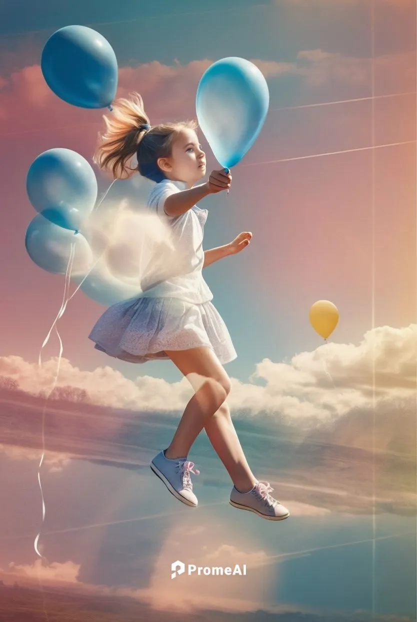 School event: A young girl tries to fly with a single balloon,little girl with balloons,cloud play,balloon,blue heart balloons,little girl in wind,blue balloons,star balloons,photo manipulation,flying