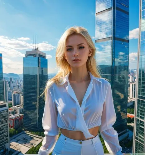 Anime blonde ,a woman standing in front of a very high rise of buildings,kutuzova,chorkina,shipka,zakharov,hyo,kuzmina,Photography,General,Realistic