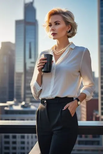 American, mature lady, elegant posture, short blonde hair, subtle makeup, pearl necklace, white blouse, high-waisted black pants, stiletto heels, holding a cup of coffee, standing in front of a skyscr