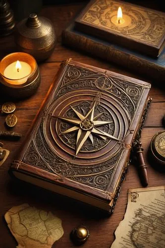 Fantasy, medieval-inspired, wooden token, intricately carved, ornate details, golden trim, mysterious runes etched, leather-bound, worn pages, ancient tome, dimly lit, candlelight, wooden desk, parchm