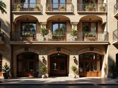 Renaissance-style hostel facade, ornate stone carvings, grandiose entranceways, symmetrical balconies, rustic wooden doors, stained glass windows, intricately patterned metal railings, warm golden lig