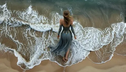 As the waves crash against the shore, a woman in her lost skin suddenly takes flight. Her pale skin fades into the ocean, and the sand beneath her feet is a deep, rich grey. Waves crash against the ho