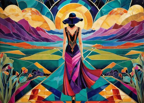 Describe a hauntingly beautiful landscape, with Teri McMinn as the lone wanderer.,art deco woman,boho art,psychedelic art,el salvador dali,pachamama,indigenous painting,la violetta,pilgrim,albuquerque