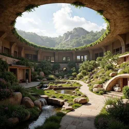 earthship,rivendell,theed,biomes,labyrinthian,ecotopia,courtyards,teahouse,zen garden,fantasy landscape,winter garden,taliesin,roof landscape,tulou,labyrinths,courtyard,dorne,virtual landscape,sake gardens,landscaped