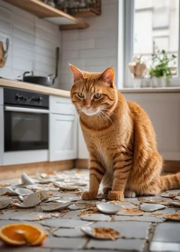 An orange cat in a kitchen, shushing the viewer with a finger to its lips. The floor is covered in broken plates,ginger cat,orange slices,almond tiles,marmalade,red tabby,blini,domestic cat,cat food,p