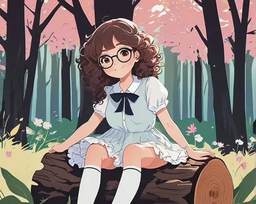 Gachimuchi girl, cute facial expression, big round glasses, curly brown hair, rosy cheeks, sweet smile, frilly skirt, white blouse, knee-high socks, black Mary Janes, holding a stuffed animal, sitting