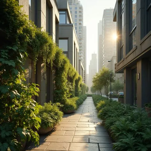 Olive green, urban scenery, soothing atmosphere, modern architecture, sleek skyscrapers, glass windows, metal frames, lush greenery, potted plants, hanging vines, city streets, stone pavement, afterno