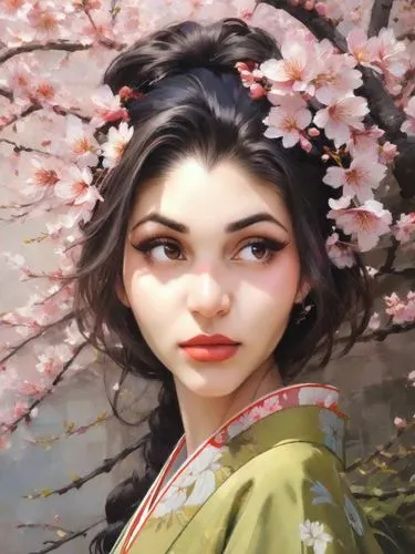 geisha,geisha girl,plum blossoms,japanese woman,maiko,oriental girl,Digital Art,Impressionism