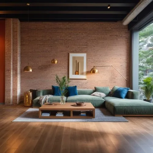 hardwood floors,loft,wooden floor,modern decor,living room,wood floor,wood flooring,contemporary decor,wooden beams,livingroom,wooden planks,modern living room,home interior,interior design,modern room,interior modern design,wooden wall,smart home,red brick,apartment lounge,Photography,General,Realistic