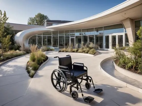 Modern nursing home, futuristic architecture, white exterior walls, large glass windows, curved roofline, gentle slope, wheelchair accessible ramps, automatic sliding doors, cozy interior atmosphere, 