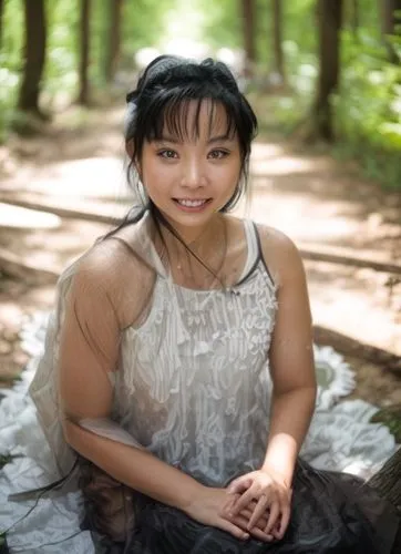 morning, outdoor, smile,  black hair, chinese, white teeth, age 20's, forest, white clothes,asian woman,mari makinami,vietnamese woman,shirakami-sanchi,social,portrait photography,japanese woman,cosme