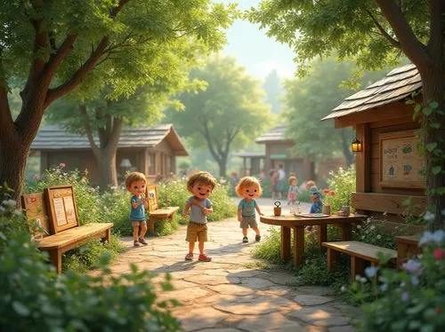 frontierland,studio ghibli,korean folk village,girl and boy outdoor,kindergarten,ghibli,little girls walking,shanghai disney,children's background,fairy village,village scene,townsfolk,alpine village,sylvania,violet evergarden,wooden path,aurora village,village life,walk in a park,summer day,Photography,General,Realistic