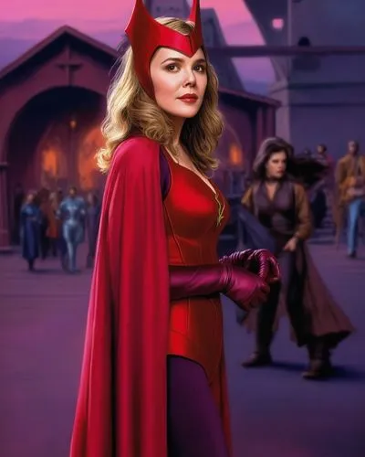 A young 20 years old Kim Cattrall as Scarlet Witch/Wanda Maximoff, in a mid-1980s style Marvel movie. Retro 80s style drawing art.,scarlet witch,red cape,captain marvel,red coat,fantasy woman,red supe