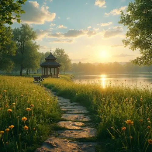 full hd wallpaper,landscape background,the golden pavilion,golden pavilion,cryengine,beauty scene,meadow landscape,spring morning,springtime background,spring background,beautiful landscape,the mystical path,home landscape,tranquility,windows wallpaper,green meadow,summer evening,salt meadow landscape,meadow,idyll,Photography,General,Realistic